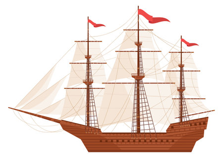 Ancient sailing ship. Wooden deck caravel color iconのイラスト素材