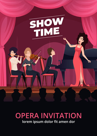 Opera invitation. Night show performance placard with music band orchestra and singers swanky vector cartoon template for print design projectのイラスト素材