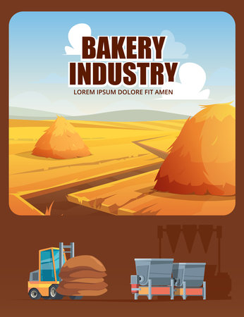 Bakery poster. Fresh bread production ads placard with illustration of wheat rural landscape and specific transport swanky vector poster templateのイラスト素材