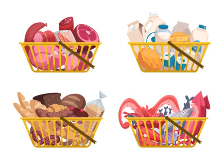 Shopping basket. Bags and packages with groceries organic healthy food vegetables meat and fruits exact vector cartoon grocery market cart illustrationsのイラスト素材