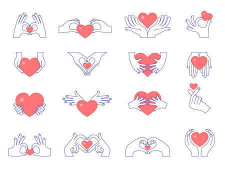 Hands with hearts. Conceptual symbols of donation happiness friendship and love pictures recent vector setのイラスト素材