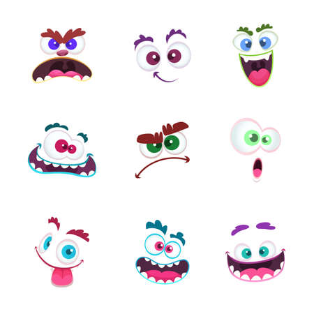 Monster faces. Crazy avatar funny character emoticons with eyes and toothy mouths cartoon monsters face collectionのイラスト素材