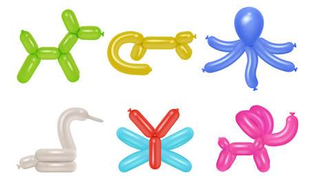 Balloon animals. Party festival rubber pets colored balloons for kids decent vector realistic templatesのイラスト素材