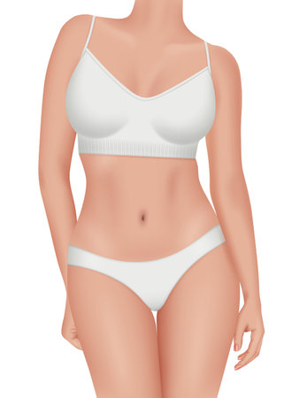 Woman body. Realistic beautiful lingerie bikini and bra on fitness body decent vector female illustrationのイラスト素材