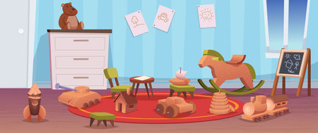 Kindergarten room. Playground home interior room for kinds with various wooden activity toys exact vector play time tools for happy childrensのイラスト素材