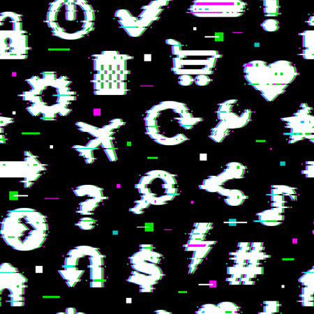 Glitched pattern. Media symbols arrows signs for web ui grunge design projects recent vector seamless stylized backgroundのイラスト素材
