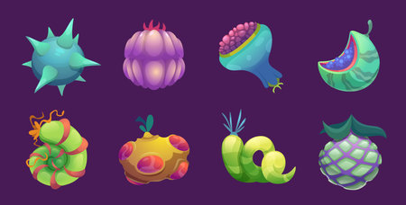 Fantasy fruits. Fairytale decorative comic plants magic fruits for game design project exact vector cartoon setのイラスト素材