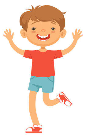Happy boy jumping. Active smiling kid characterのイラスト素材