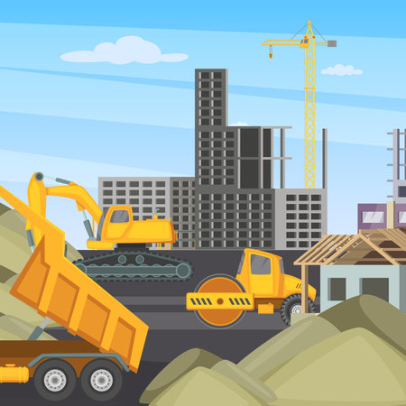 Construction background. professional vehicles for builders. Vector cartoon illustrationのイラスト素材