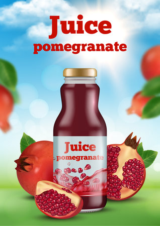 Pomegranate juice. Ads promotional placard with juice liquid healthy products in bottle decent vector pomegranate pictures for posterのイラスト素材