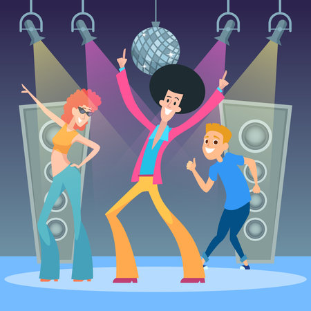 Dance party background. funny characters dancing on party stage. Vector cartoon peopleのイラスト素材