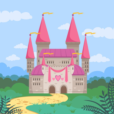 Fairy tale castle. fantasy background with big cartoon medieval castleのイラスト素材
