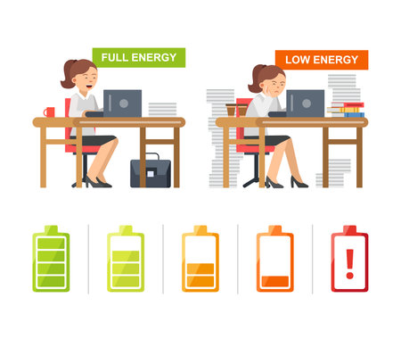 Full and low energy. tired female manager at work daily routine concept. Vector charging battery symbolsのイラスト素材