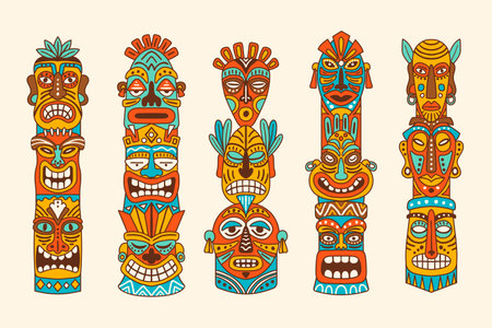 Native tribal masks. Indian totems tiki hawaii masks recent vector authentic mythology symbolsのイラスト素材