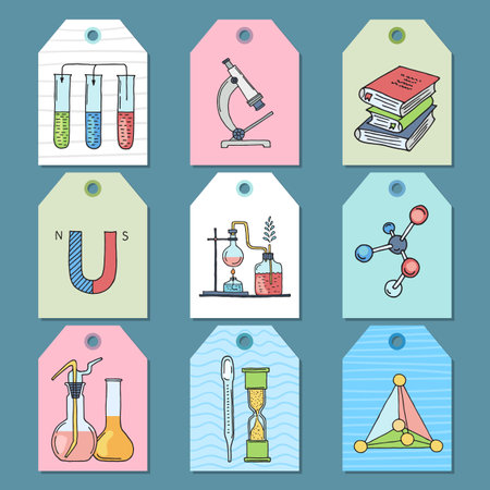 Science tags. chemical symbols tubes formulas books magnet microscope. vector labels in cartoon styleのイラスト素材