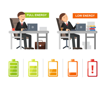Full and low energy. tired male worker businessman sleeping at work. charging battery vector symbolsのイラスト素材