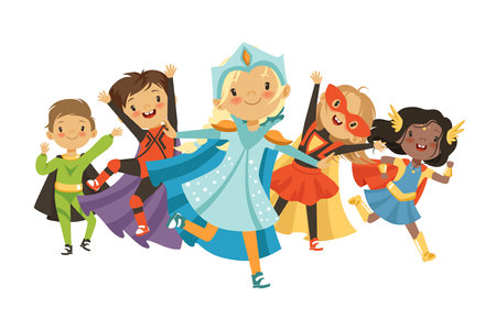 Kids heroes. children in superheroes costumes standing in action poses. Vector cartoon charactersのイラスト素材