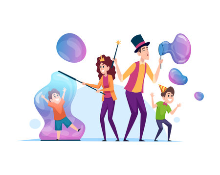 Bubble show. water entertainment for kids. vector cartoon characters with soap big bubblesのイラスト素材