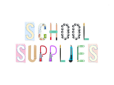 School supplies. alphabet letters with stationery tools vector templateのイラスト素材