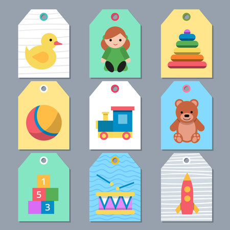Toys cards. tags with children toys ball doll teddy bear. Vector designs templatesのイラスト素材