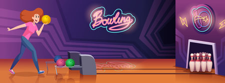 Bowling background. People in bowling club playing in action game with balls and skittle exact vector cartoon backgroundのイラスト素材