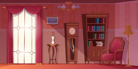 Vintage interior. Indoor background with old style furniture in living room or library with shelves and armchairs exact vector templateのイラスト素材