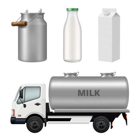 Milk containers. Glass bottles metal cans for dairy products from farm industry decent vector realistic milk foodのイラスト素材