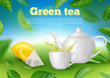 Tea poster. Relax time hot liquid products in kettle decent vector ads placard templateのイラスト素材