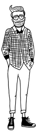 Hipster character. Funny male fashion outfit sketch