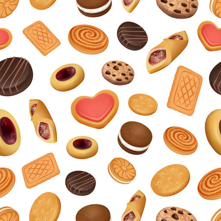 Cookies pattern. Realistic delicious bakery products cream cookies decent vector seamless backgroundのイラスト素材