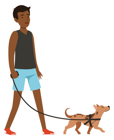 Black boy walking with puppy. Cartoon dog ownerのイラスト素材