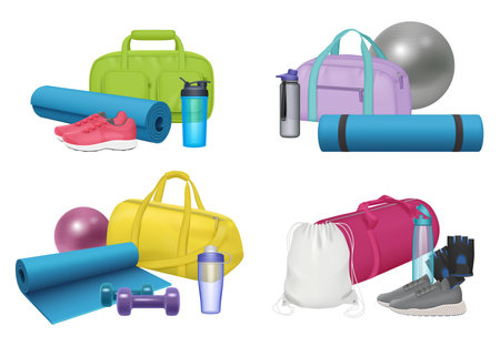 Sport items. Equipment for workout fitness or gym activities decent vector realistic sport bags and accessoriesのイラスト素材