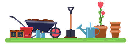Gardening concept. Planting and growing tools on green lawnのイラスト素材