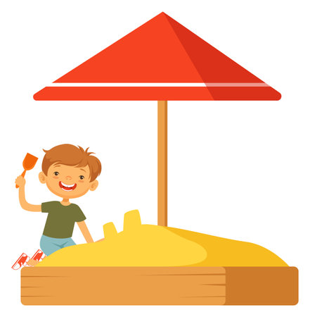 Boy playing in sandbox. Happy kid character outdoorsのイラスト素材