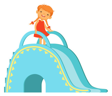 Girl stand on playground slide. Cartoon kid charcterのイラスト素材