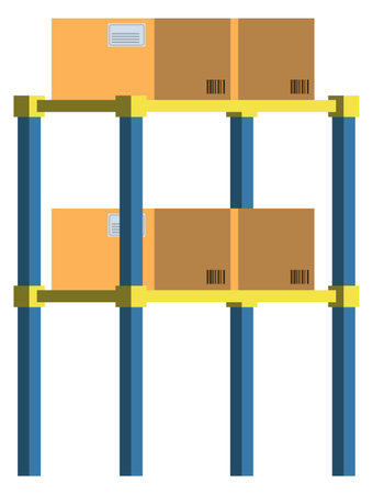 Storage shelves with cardboard boxes. Cartoon cargo warehouseのイラスト素材