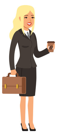 Young woman in suit with briefcase and coffee. Businesswoman going to work meetingのイラスト素材