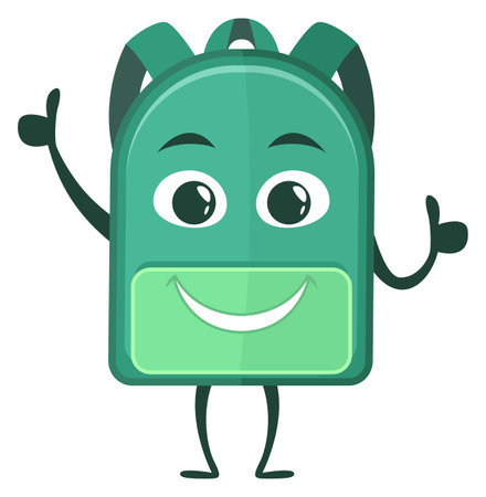 Smiling backpack character. Cartoon happy green bagのイラスト素材