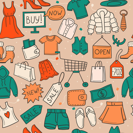 Shopping pattern. Seamless background with market symbols gadgets market packages recent vector templates in doodle styleのイラスト素材
