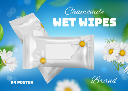 Wet wipes poster. Ads placard of cleaning fresh tissues decent vector templates with place for textのイラスト素材