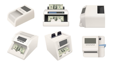 Counter money. Realistic template of electronic items for bank count cash money decent vector setのイラスト素材
