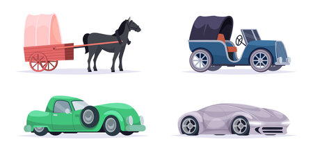 Vintage and new cars. Models transport old carriages exact vector vehicles collectionのイラスト素材