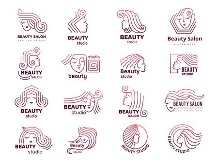 Beauty logo. Woman faces stylized symbols for beauty shop recent vector template setのイラスト素材