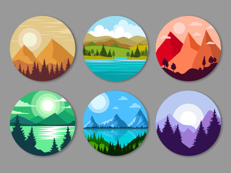 Landscape. Circle frames with colored natural weather backgrounds with mountains trees sky and sun recent vector backrounds templatesのイラスト素材