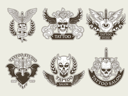 Tattoo badges. Art template for body painting hipster tattoos and badges for human skin recent vector setのイラスト素材