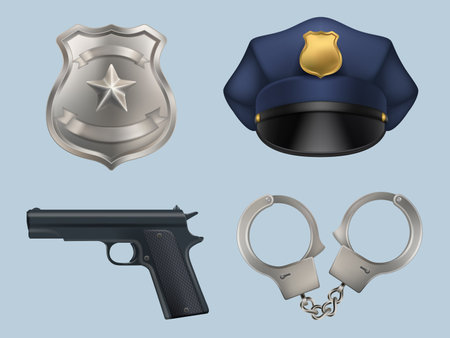 Police items. Realistic equipment from police station decent vector templates setのイラスト素材