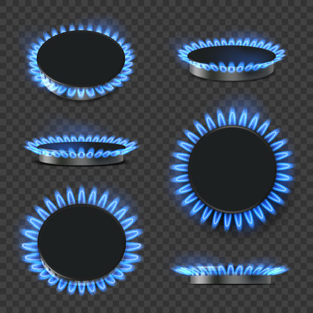 Gas oven. Realistic blue flame decent vector kitchen stove for cooking foodのイラスト素材