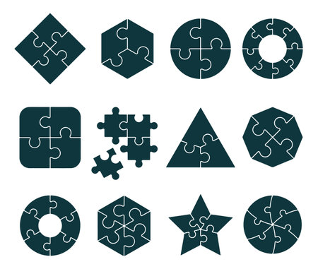 Puzzle charts templates. Jigsaw pieces connecting compositions, infographics puzzles integration builds isolated solutionsのイラスト素材