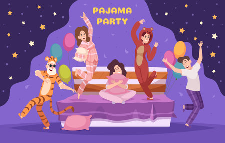 Pajamas party. Cartoon background with sleep time event with funny characters playing games and fighting with pillows exact vector templateのイラスト素材