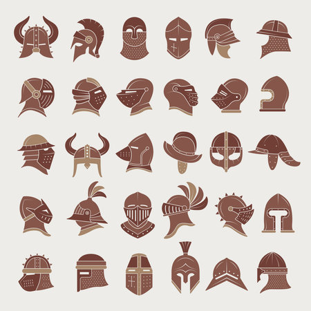 Medieval helmets. Head protection for ancient warriors recent vector illustration setのイラスト素材